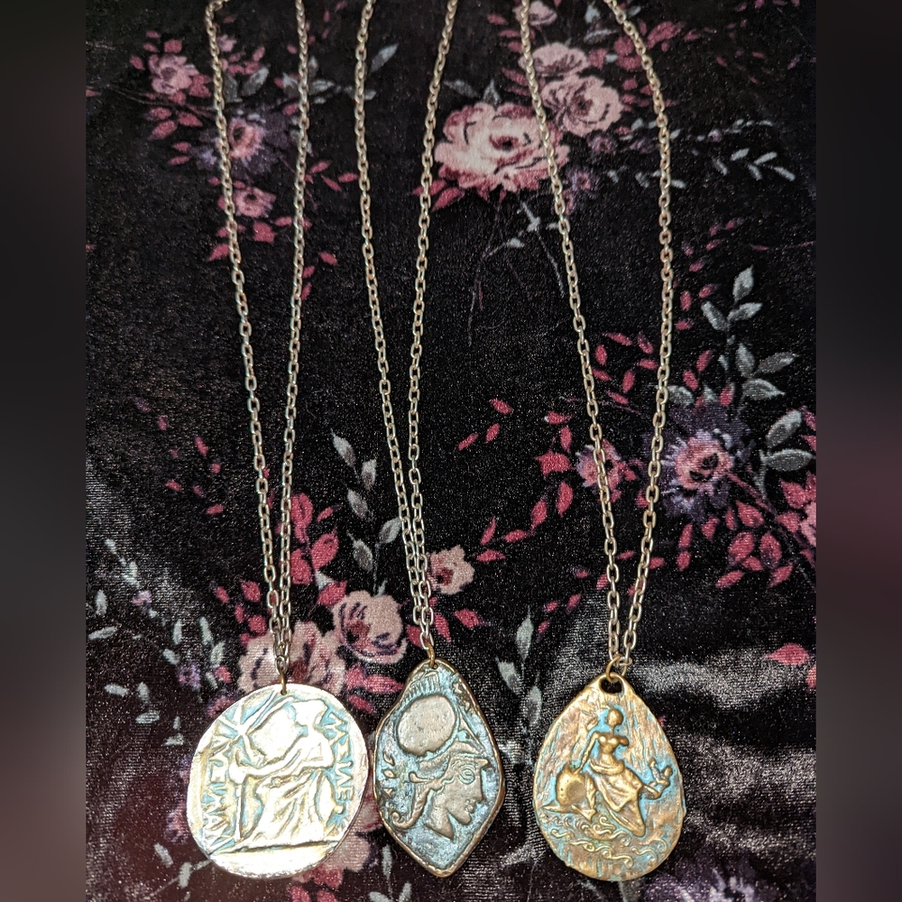 3 Greek coin double sided necklaces